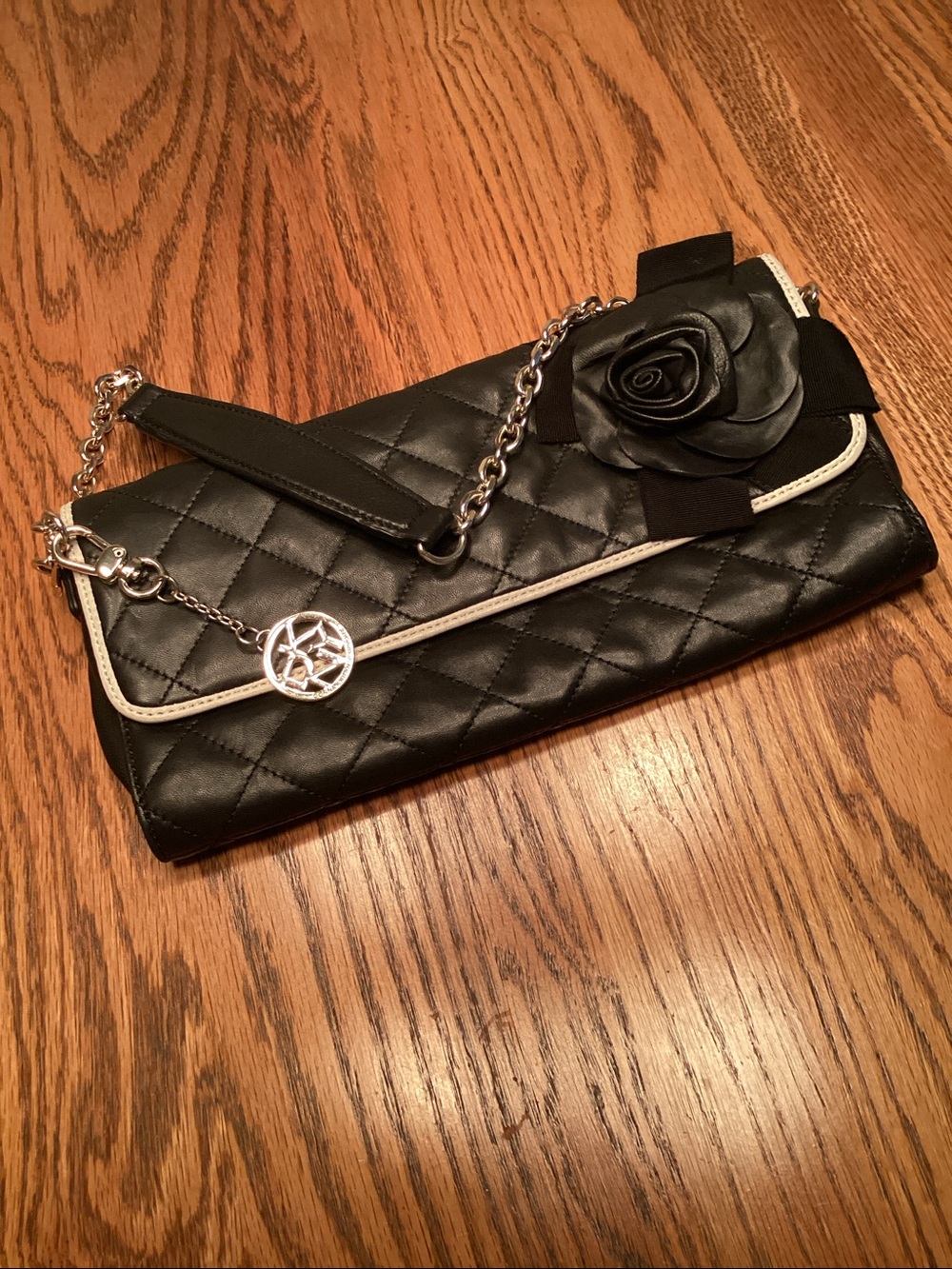 DKNY Black Quilted Leather Rose Clutch and Shoulder Bag